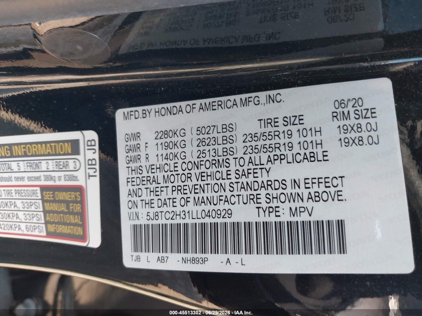 2020 Acura Rdx VIN 5J8TC2H31LL040929 IAAI salvage auction — FRONT END, Salvage (Pennsylvania), sold $8,600 on 2026-07-31 (photo 9)