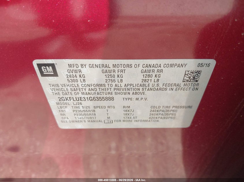 2016 Gmc Terrain VIN 2GKFLUE31G6355888 IAAI salvage auction — LEFT FRONT, Salvage Title, sold $700 on 2026-07-23 (photo 9)