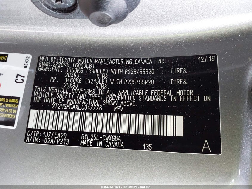2020 Lexus Rx VIN 2T2HGMDAXLC047776 IAAI salvage auction — RIGHT FRONT, Salvage (Idaho), sold $9,500 on 2026-07-30 (photo 9)