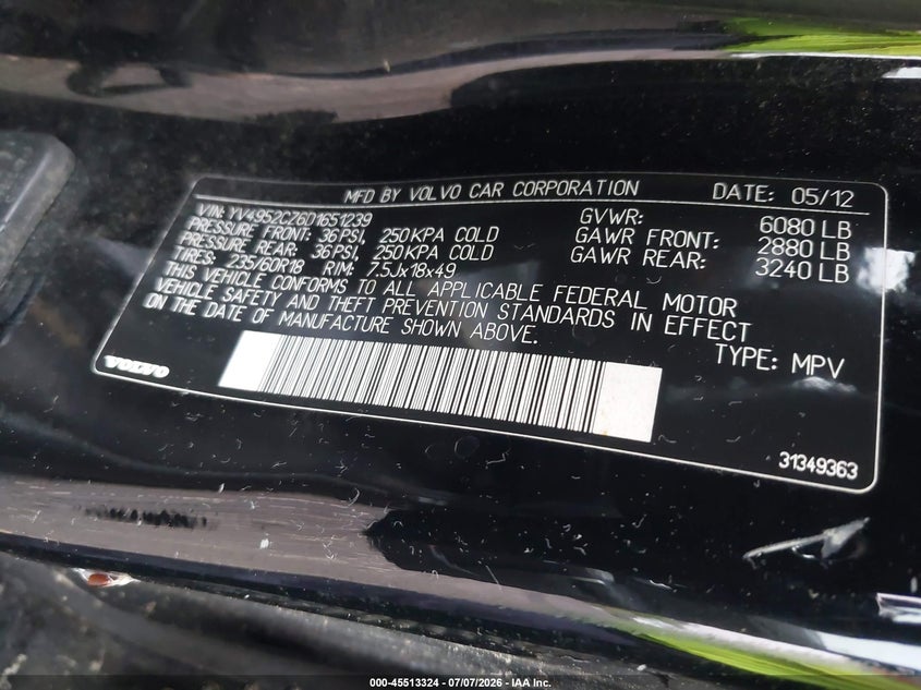 2013 Volvo Xc90 VIN YV4952CZ6D1651239 IAAI salvage auction — NORMAL WEAR, Clear (New York), sold $500 on 2026-07-28 (photo 9)