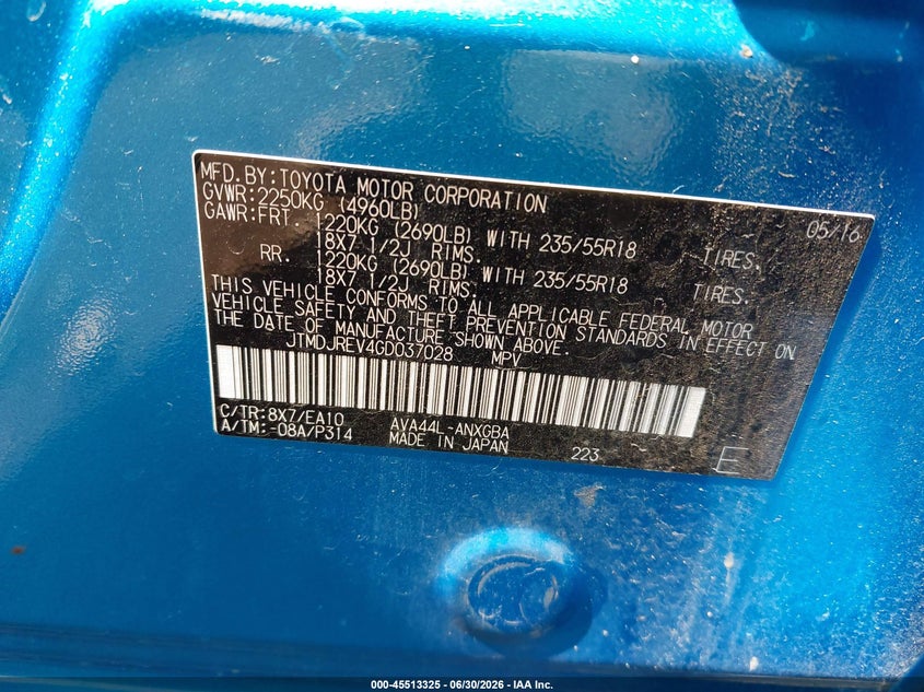 2016 Toyota Rav 4 VIN JTMDJREV4GD037028 IAAI salvage auction — SIDE, Salvage Title, sold $3,050 on 2026-07-23 (photo 9)