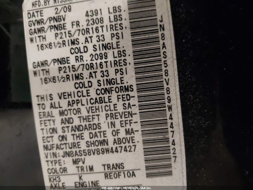 2009 Nissan Rogue sport VIN JN8AS58V89W447427 IAAI salvage auction — NORMAL WEAR, Clear (Minnesota), sold $300 on 2026-07-15 (photo 9)