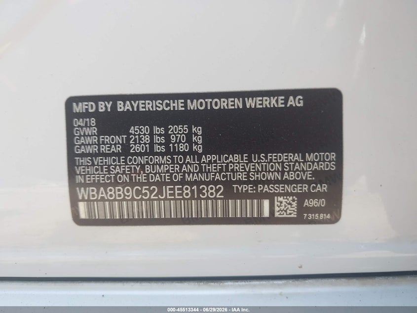 2018 BMW 3er VIN WBA8B9C52JEE81382 IAAI salvage auction — FRONT END, Original (Texas), sold $2,850 on 2026-07-16 (photo 9)