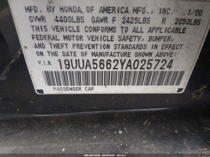 2000 Acura Tl VIN 19UUA5662YA025724 IAAI salvage auction — NORMAL WEAR, Clear (Connecticut), sold $400 on 2026-07-09 (photo 9)