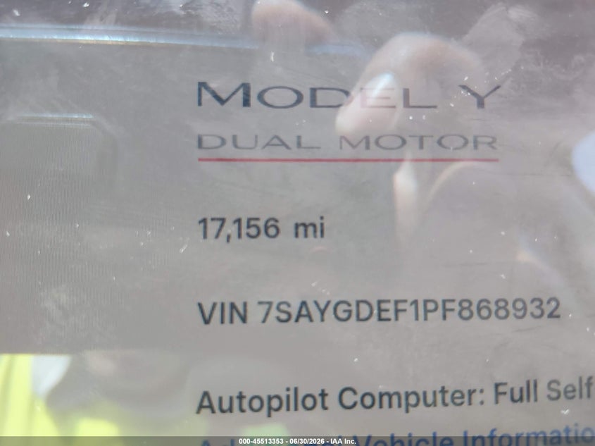 2023 Tesla Model y VIN 7SAYGDEF1PF868932 IAAI salvage auction — FRONT & REAR, Salvage Title, sold $10,950 on 2026-08-27 (photo 7)