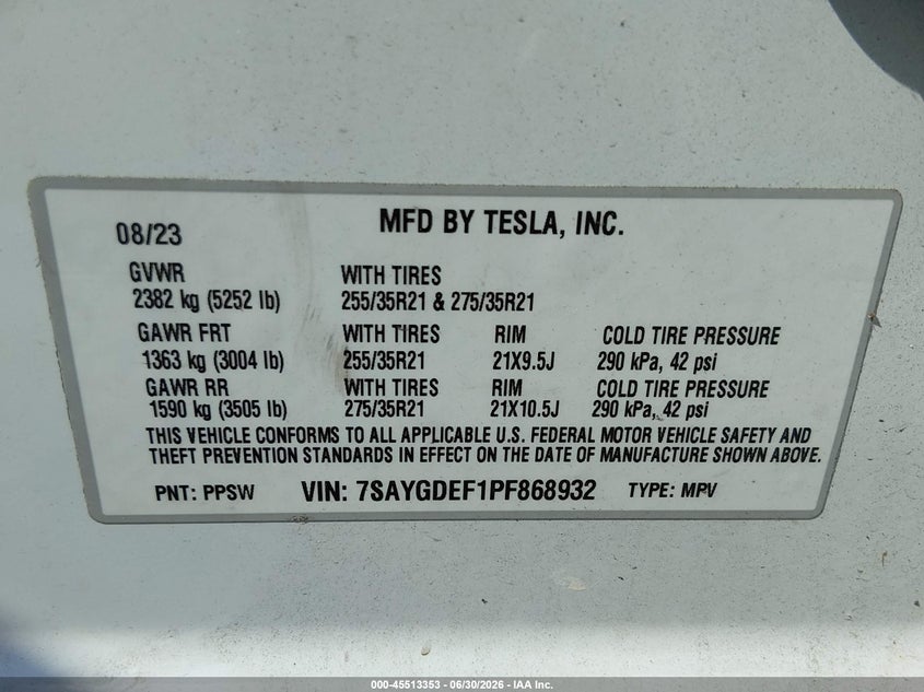 2023 Tesla Model y VIN 7SAYGDEF1PF868932 IAAI salvage auction — FRONT & REAR, Salvage Title, sold $10,950 on 2026-08-27 (photo 9)