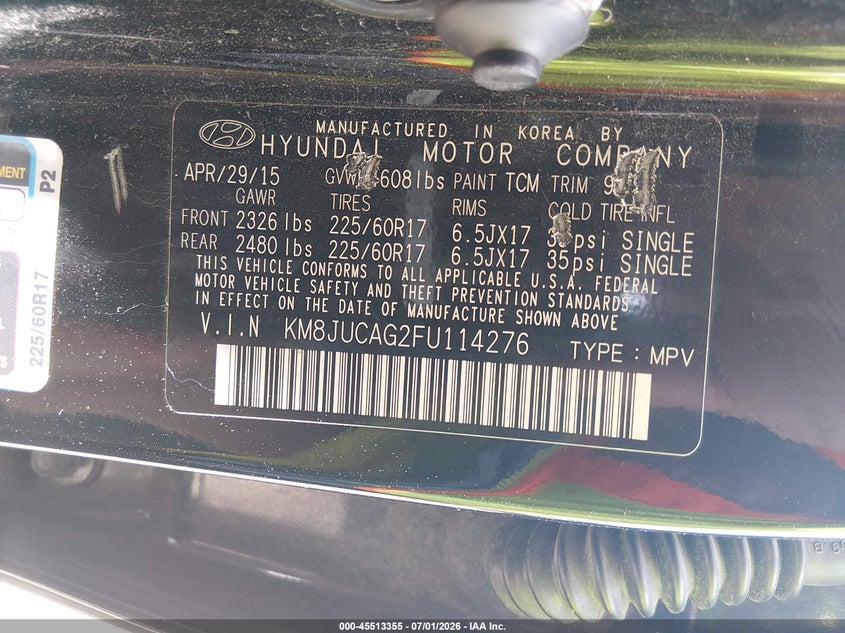 2015 Hyundai Tucson VIN KM8JUCAG2FU114276 IAAI salvage auction — RIGHT FRONT, Salvage Title, sold $925 on 2026-08-02 (photo 9)
