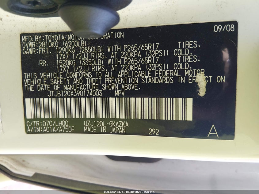 2009 Lexus Gx 470 VIN JTJBT20X390174003 IAAI salvage auction — NORMAL WEAR, Clear-Dealer Only (Georgia), sold $4,375 on 2026-07-14 (photo 9)