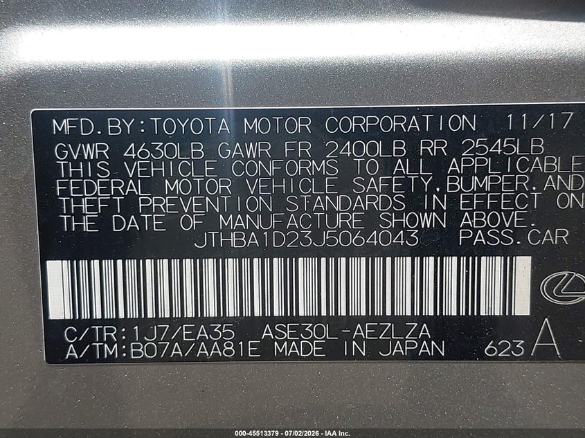 2018 Lexus Is VIN JTHBA1D23J5064043 IAAI salvage auction — SIDE, Salvage Title, sold $4,650 on 2026-07-28 (photo 9)