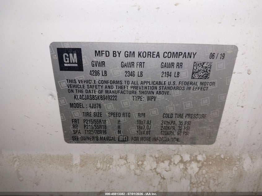 2019 Buick Encore VIN KL4CJASB5KB949222 IAAI salvage auction — FRONT END, Salvage Title, sold $2,550 on 2026-09-02 (photo 9)