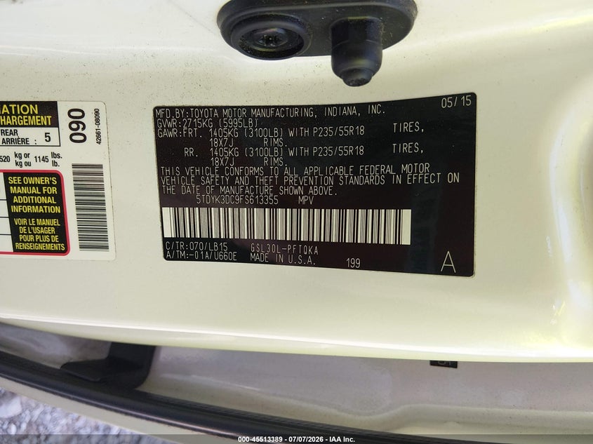2015 Toyota Sienna VIN 5TDYK3DC9FS613355 IAAI salvage auction — FRONT END, Rebuildable (Florida), sold $4,600 on 2026-07-23 (photo 9)