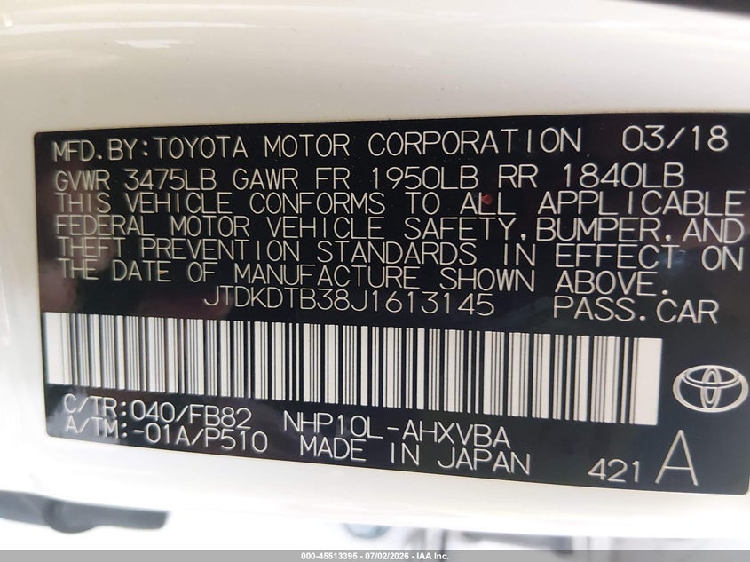 2018 Toyota Prius c VIN JTDKDTB38J1613145 IAAI salvage auction — REAR END, Clear (Wisconsin), sold $300 on 2026-07-29 (photo 9)