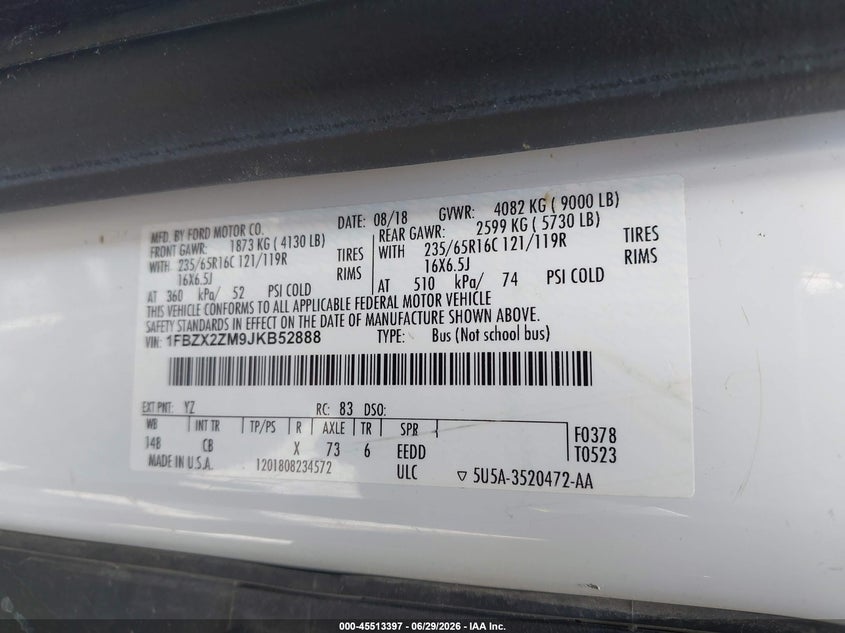 2018 Ford Transit-350 VIN 1FBZX2ZM9JKB52888 IAAI salvage auction — LEFT SIDE, SF97 (Virginia), sold $17,500 on 2026-07-31 (photo 9)