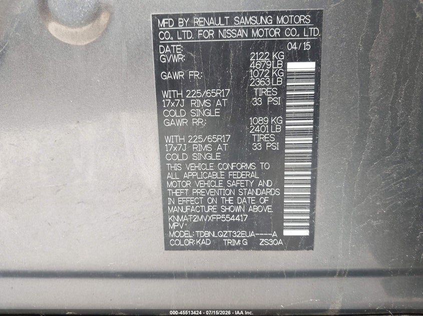 2015 Nissan Rogue VIN KNMAT2MVXFP554417 IAAI salvage auction — NORMAL WEAR, Nrc Lienholder Repossession Paperwork (New Hampshire), sold $25 on 2026-07-27 (photo 9)