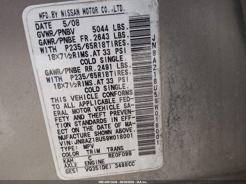 2009 Nissan Murano VIN JN8AZ18U59W018001 IAAI salvage auction — FRONT & REAR, Salvage (Alabama), sold $25 on 2026-07-29 (photo 9)