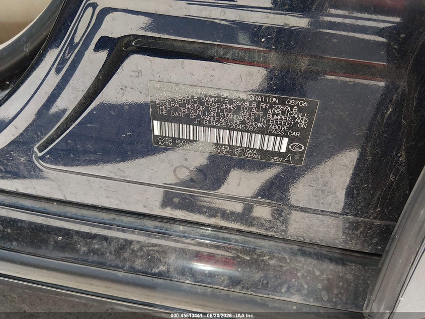 2007 Lexus Es 350 VIN JTHBJ46G572045787 IAAI salvage auction — NORMAL WEAR, Original (Texas), sold $875 on 2026-07-06 (photo 9)