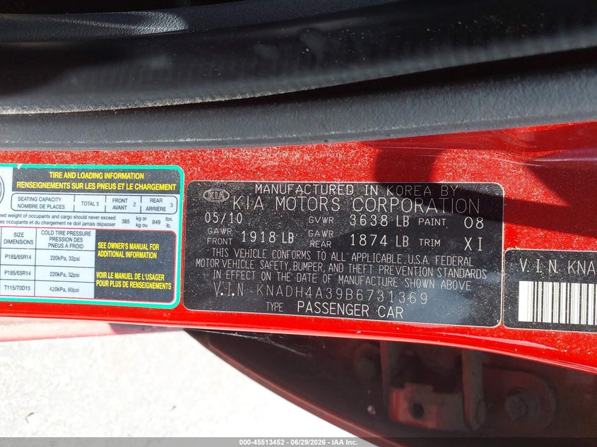 2011 Kia Rio VIN KNADH4A39B6731369 IAAI salvage auction — NORMAL WEAR, Clear, sold $225 on 2026-07-22 (photo 9)