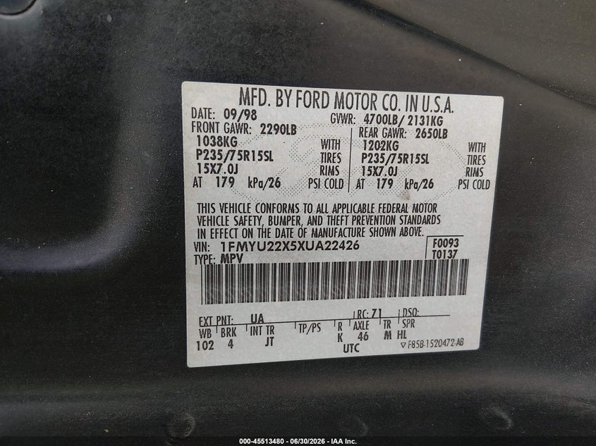 1999 Ford Explorer sport trac VIN 1FMYU22X5XUA22426 IAAI salvage auction — NORMAL WEAR, Clear - Dealer Only (California), sold $650 on 2026-07-08 (photo 9)