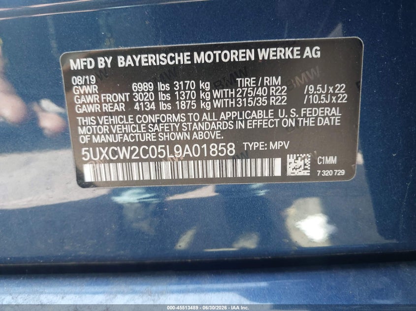 2020 BMW X7 VIN 5UXCW2C05L9A01858 IAAI salvage auction — FRONT END, Salvage Title, sold $75 on 2026-07-29 (photo 9)