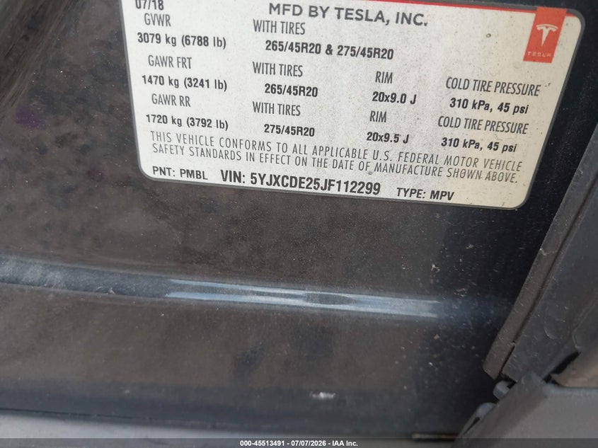 2018 Tesla Model x VIN 5YJXCDE25JF112299 IAAI salvage auction — REAR END, Salvage Title, sold $9,075 on 2026-08-20 (photo 9)