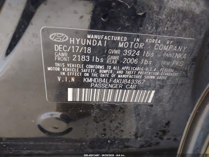 2019 Hyundai Elantra VIN KMHD84LF4KU843367 IAAI salvage auction — FRONT END, Salvage Title, sold $850 on 2026-07-23 (photo 9)