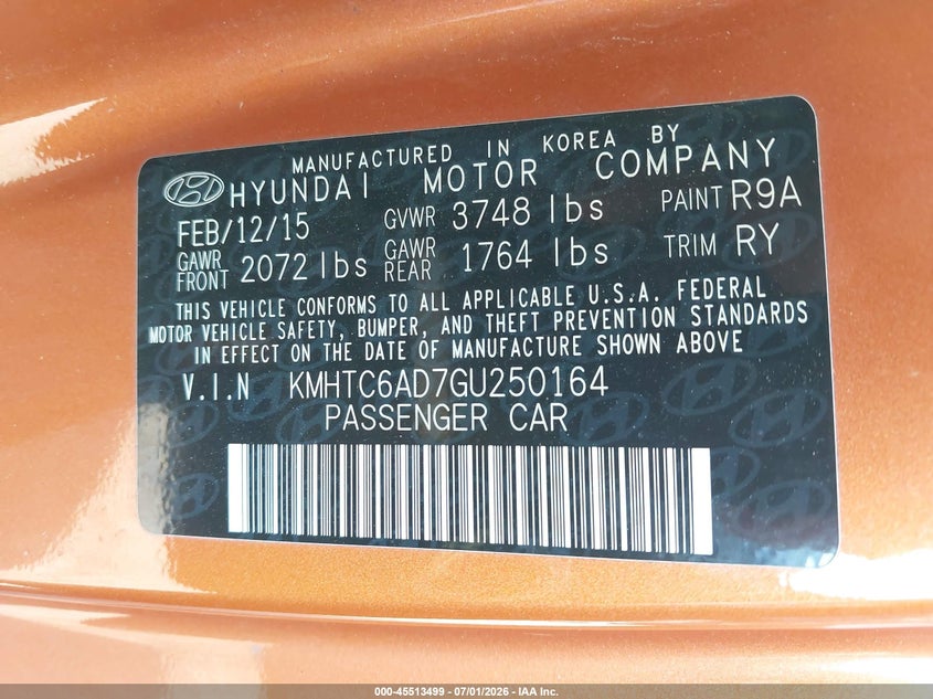 2016 Hyundai Veloster VIN KMHTC6AD7GU250164 IAAI salvage auction — LEFT SIDE, Salvage - Greater Than 75% (Maryland), sold $775 on 2026-07-28 (photo 9)