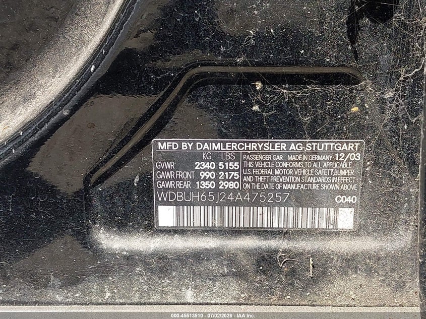 2004 Mercedes-benz E-class VIN WDBUH65J24A475257 IAAI salvage auction — NORMAL WEAR, Clear (South Carolina), sold $250 on 2026-07-21 (photo 9)