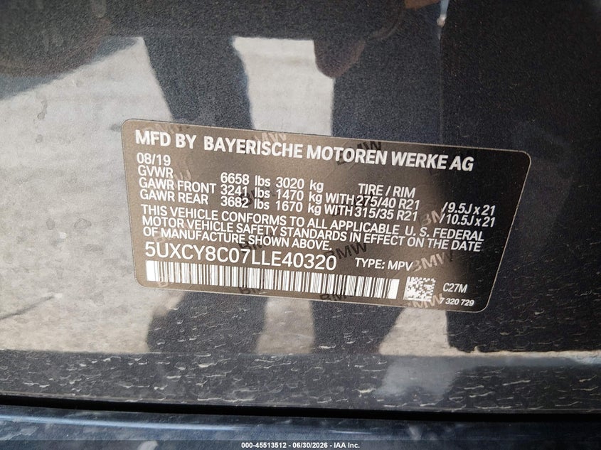 2020 BMW X6 VIN 5UXCY8C07LLE40320 IAAI salvage auction — FRONT END, Salvage Title, sold $19,900 on 2026-10-06 (photo 9)