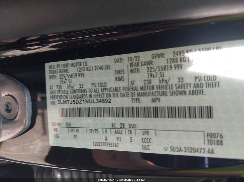 2022 Lincoln Corsair VIN 5LMTJ5DZ1NUL34692 IAAI salvage auction — FRONT END, Salvage Title, sold $8,800 on 2026-07-17 (photo 9)