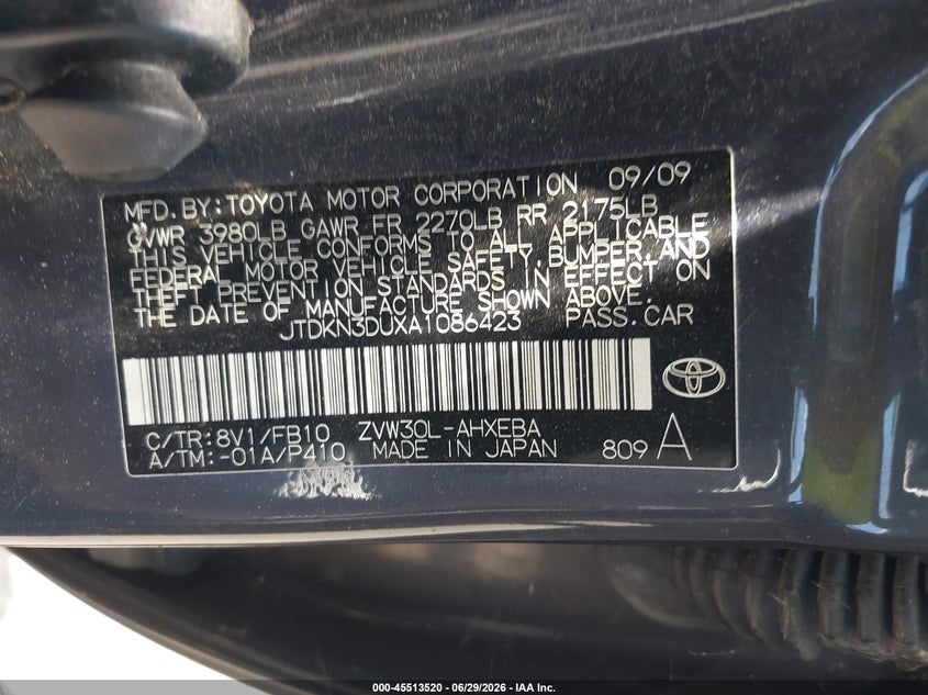 2010 Toyota Prius VIN JTDKN3DUXA1086423 IAAI salvage auction — NORMAL WEAR, Clear (New Jersey), sold $675 on 2026-07-21 (photo 9)