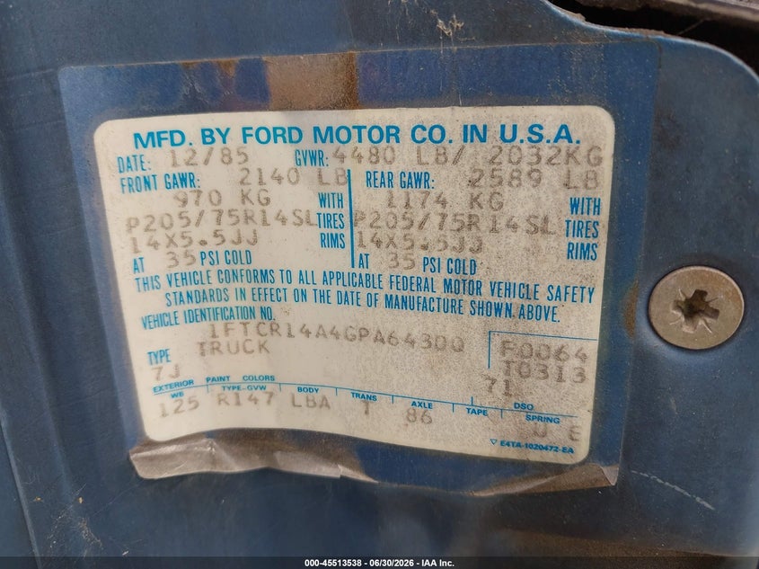 1986 Ford Ranger VIN 1FTCR14A4GPA64300 IAAI salvage auction — NORMAL WEAR, Clear - Dealer Only (California), sold $1,175 on 2026-07-08 (photo 9)