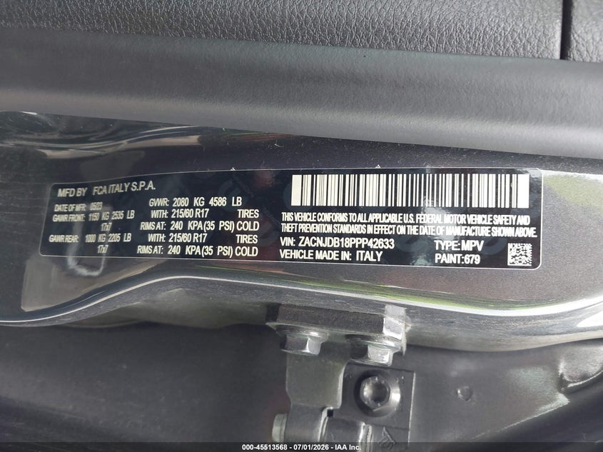 2023 Jeep Renegade VIN ZACNJDB18PPP42633 IAAI salvage auction — HAIL, Salvage Title, sold $500 on 2026-07-30 (photo 9)