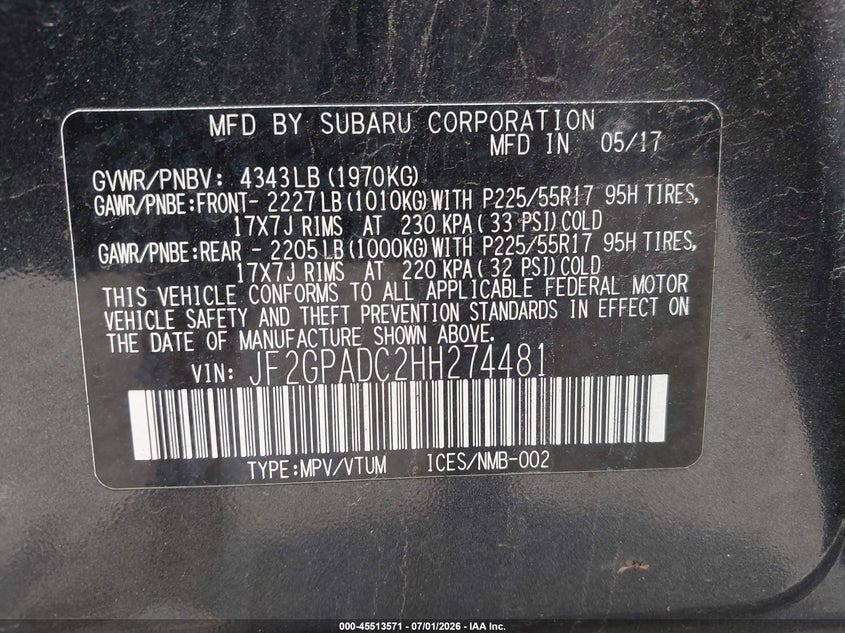 2017 Subaru Xv VIN JF2GPADC2HH274481 IAAI salvage auction — LEFT SIDE, Salvage Title, sold $1,150 on 2026-07-28 (photo 9)