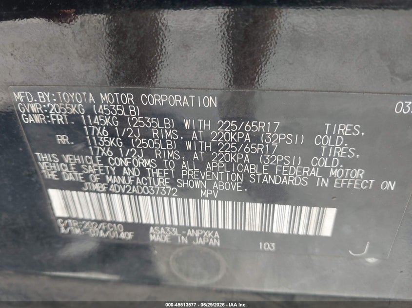 2010 Toyota Rav4 VIN JTMBF4DV2AD037372 IAAI salvage auction — NORMAL WEAR, Clear (Florida), sold $1,725 on 2026-07-16 (photo 9)