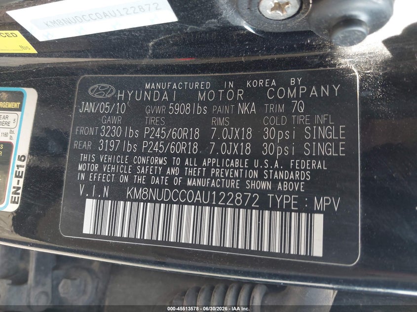 2010 Hyundai Veracruz VIN KM8NUDCC0AU122872 IAAI salvage auction — FRONT END, Salvage (Pennsylvania), sold $1,400 on 2026-07-21 (photo 9)