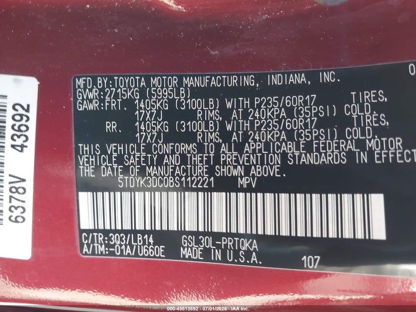2011 Toyota Sienna VIN 5TDYK3DC0BS112221 IAAI salvage auction — REAR END, Salvage (Pennsylvania), sold $925 on 2026-07-31 (photo 9)