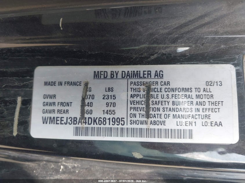 2013 Smart Fortwo VIN WMEEJ3BA4DK681995 IAAI salvage auction — FRONT & REAR, Salvage Title, sold $625 on 2026-07-21 (photo 9)