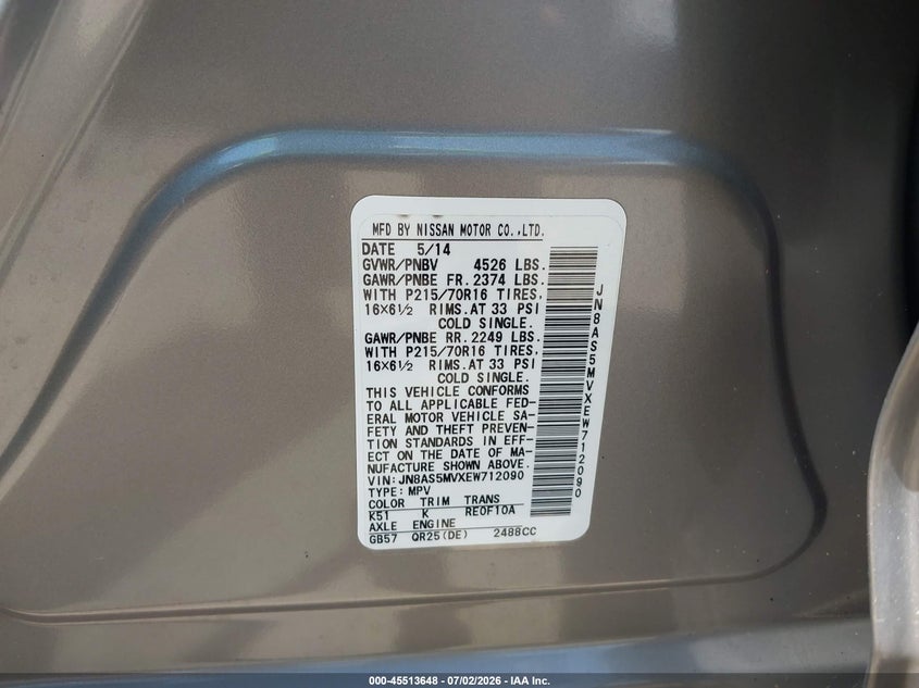 2014 Nissan Rogue VIN JN8AS5MVXEW712090 IAAI salvage auction — FRONT END, Salvage Title, sold $250 on 2026-07-22 (photo 9)
