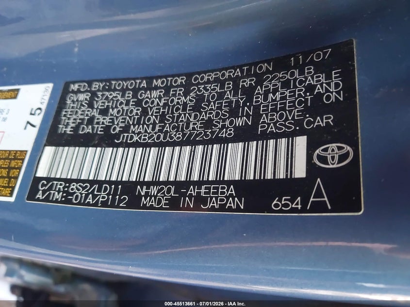 2008 Toyota Prius VIN JTDKB20U387723748 IAAI salvage auction — FRONT & REAR, Salvage (Kentucky), sold $25 on 2026-07-29 (photo 9)