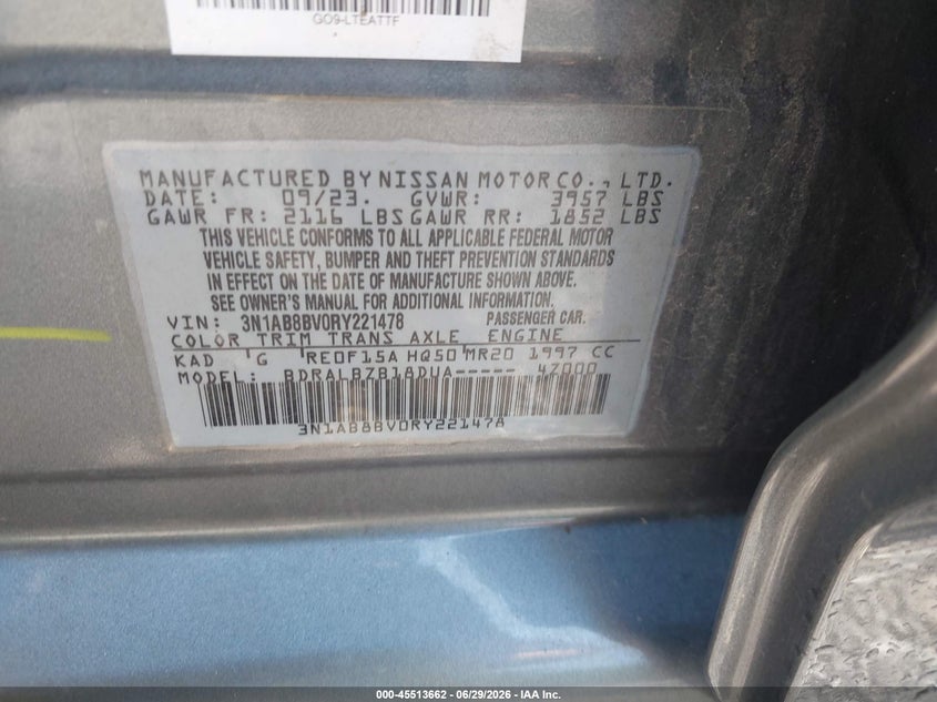 2024 Nissan Sentra VIN 3N1AB8BV0RY221478 IAAI salvage auction — NORMAL WEAR, Sf97 (New York), sold $3,650 on 2026-07-23 (photo 9)