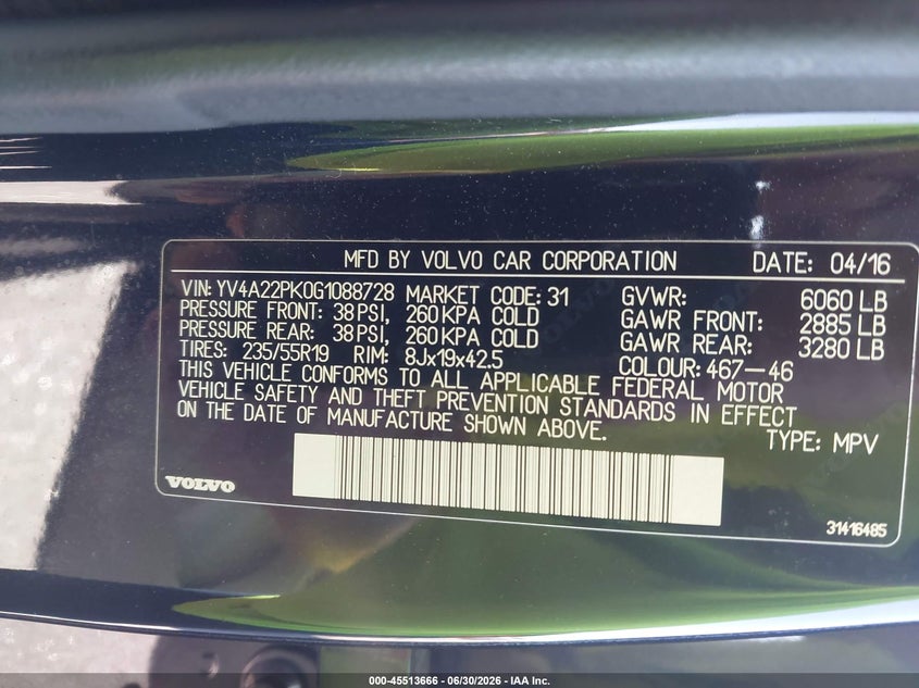 2016 Volvo Xc90 VIN YV4A22PK0G1088728 IAAI salvage auction — REAR END, Salvage (North Carolina), sold $3,600 on 2026-08-05 (photo 9)