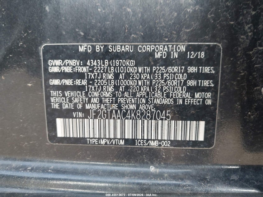 2019 Subaru Xv VIN JF2GTAAC4K8287045 IAAI salvage auction — LEFT SIDE, Salvage (Pennsylvania), sold $75 on 2026-07-28 (photo 9)