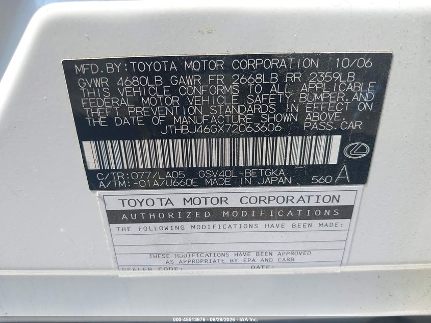 2007 Lexus Es 350 VIN JTHBJ46GX72063606 IAAI salvage auction — NORMAL WEAR, Clear (New Jersey), sold $800 on 2026-07-14 (photo 9)