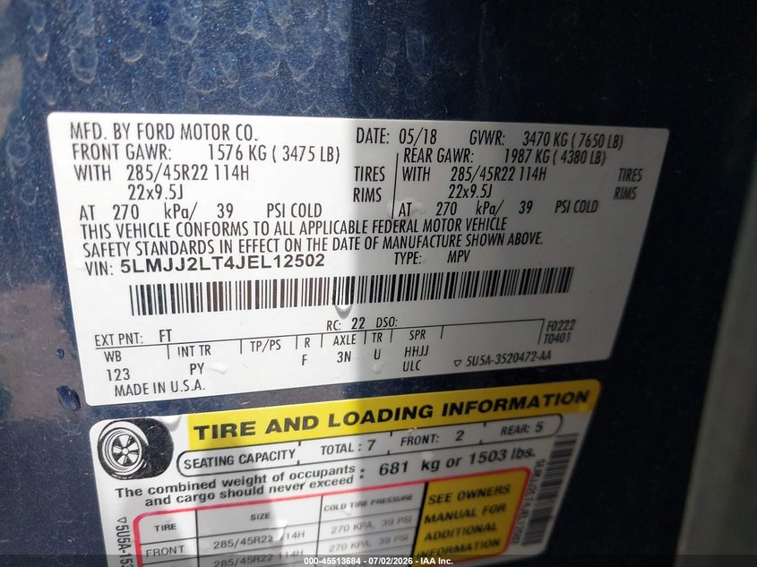 2018 Lincoln Navigator VIN 5LMJJ2LT4JEL12502 IAAI salvage auction — HAIL, Salvage Title, sold $16,600 on 2026-09-30 (photo 9)