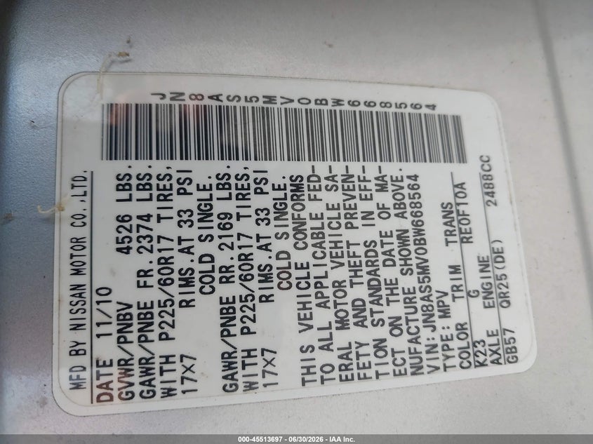 2011 Nissan Rogue VIN JN8AS5MV0BW668564 IAAI salvage auction — NORMAL WEAR, Clear (Massachusetts), sold $425 on 2026-07-31 (photo 9)