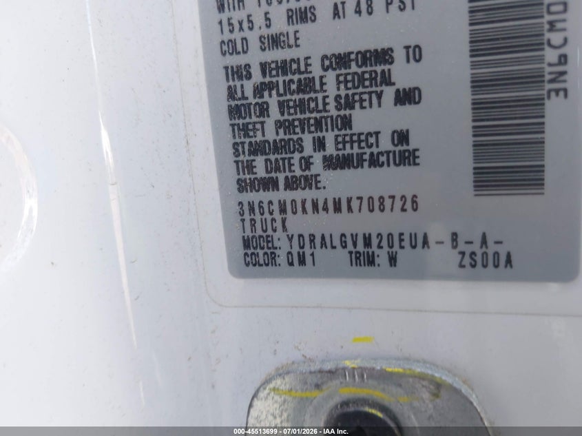 2021 Nissan Nv200 VIN 3N6CM0KN4MK708726 IAAI salvage auction — REAR END, Salvage Title, sold $3,300 on 2026-07-25 (photo 9)