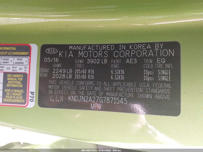 2016 Kia Soul VIN KNDJN2A27G7871545 IAAI salvage auction — FRONT END, Salvage Title, sold $825 on 2026-07-27 (photo 9)