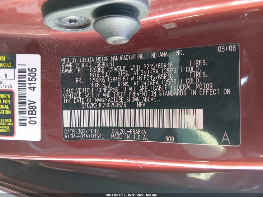 2008 Toyota Sienna VIN 5TDZK23C28S203676 IAAI salvage auction — FRONT END, Salvage (Nevada), sold $550 on 2026-07-10 (photo 9)