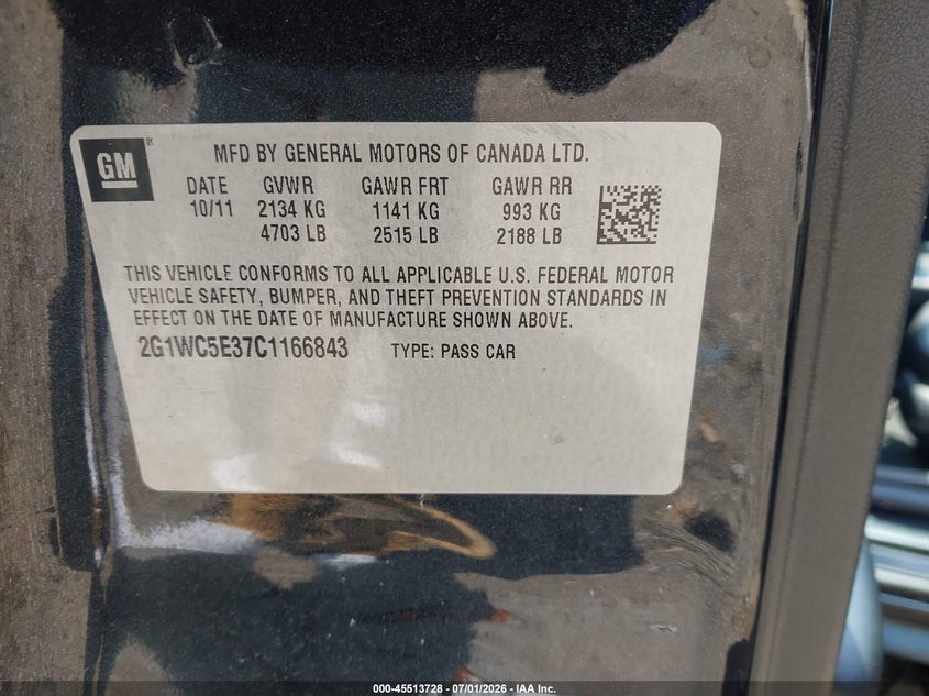 2012 Chevrolet Impala VIN 2G1WC5E37C1166843 IAAI salvage auction — REAR END, Mv-907A (New York), sold $425 on 2026-07-09 (photo 9)
