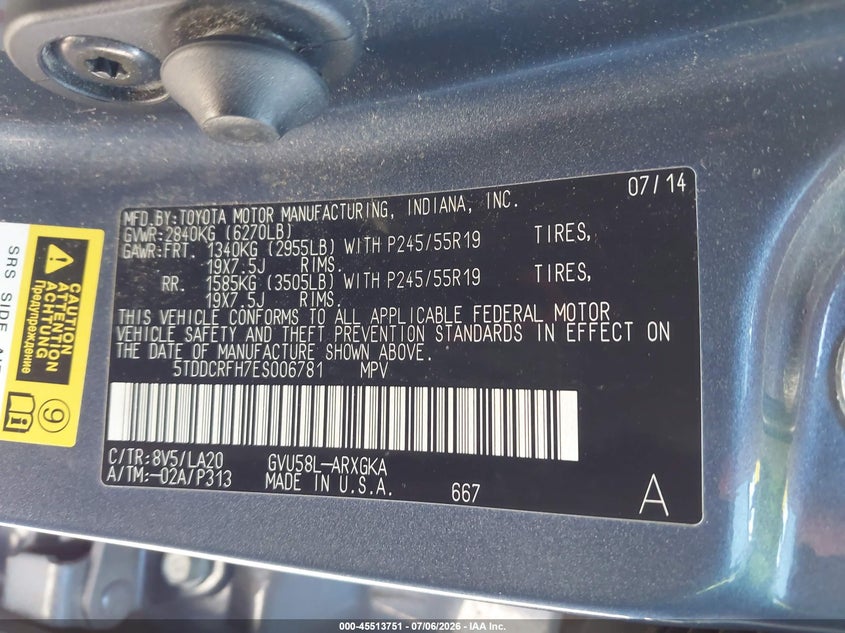 2014 Toyota Highlander VIN 5TDDCRFH7ES006781 IAAI salvage auction — LEFT FRONT, Certificate Of Title (Nebraska), sold $9,000 on 2026-07-24 (photo 9)